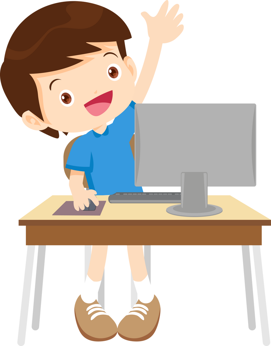 student boy learning computer hand up