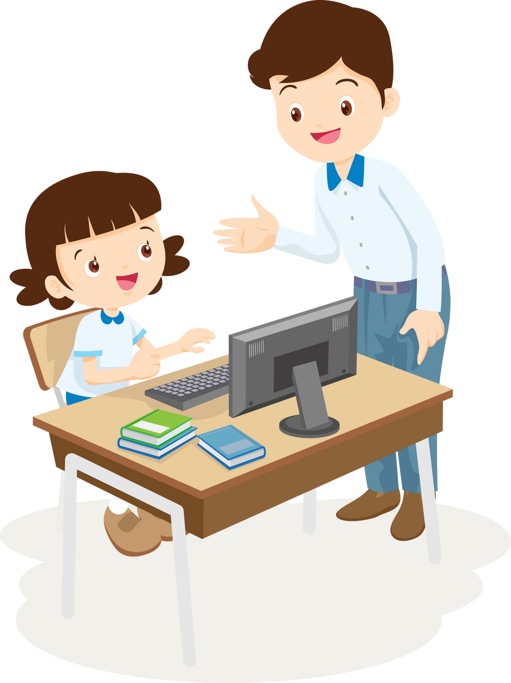 Teacher teaching computer to student girl.pupil studying computer class.